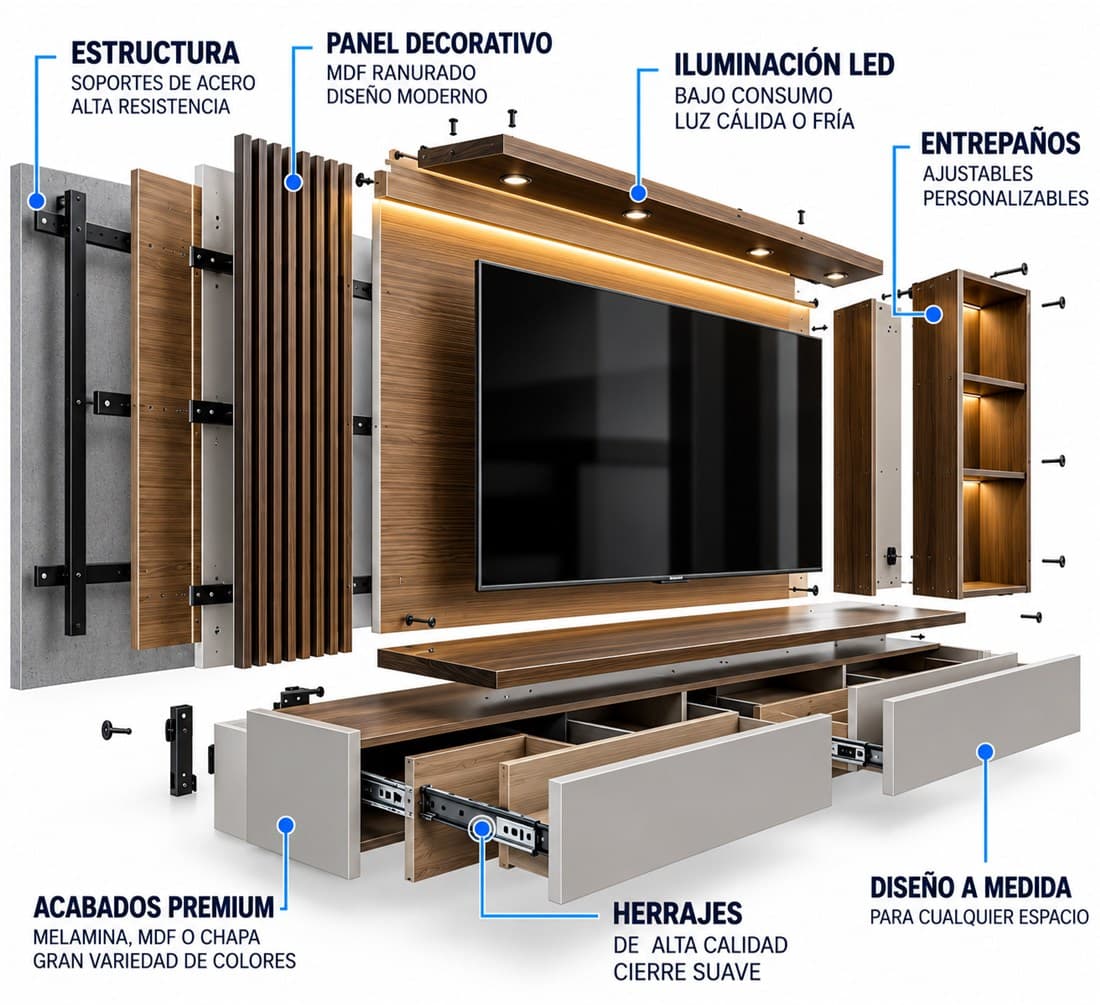 Despiece constructivo de un mueble ESMA: estructura con soportes de acero, panel decorativo de MDF ranurado, iluminación LED integrada, entrepaños ajustables, acabados en melamina o chapa y herrajes de alta calidad.