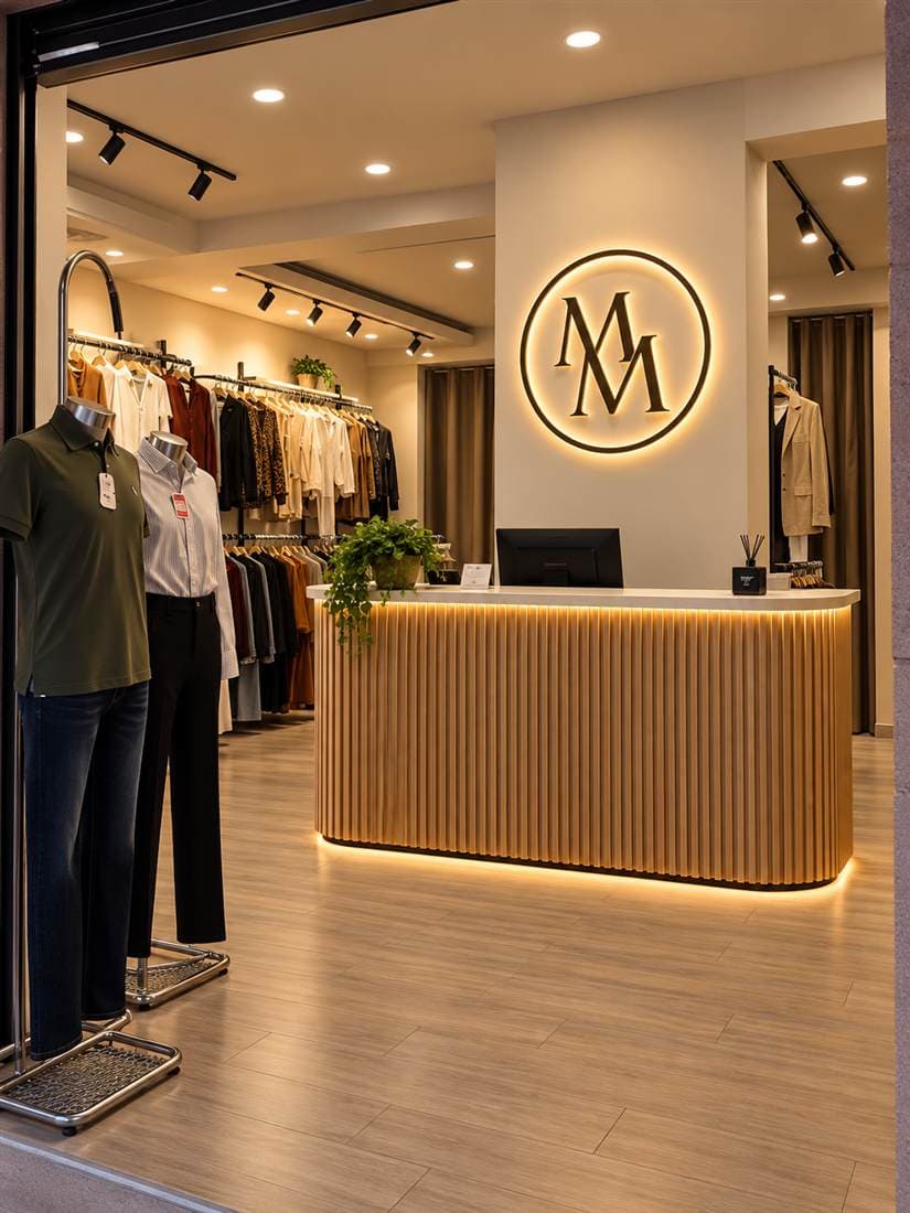 Recepción de MM Boutique con letrero circular retroiluminado