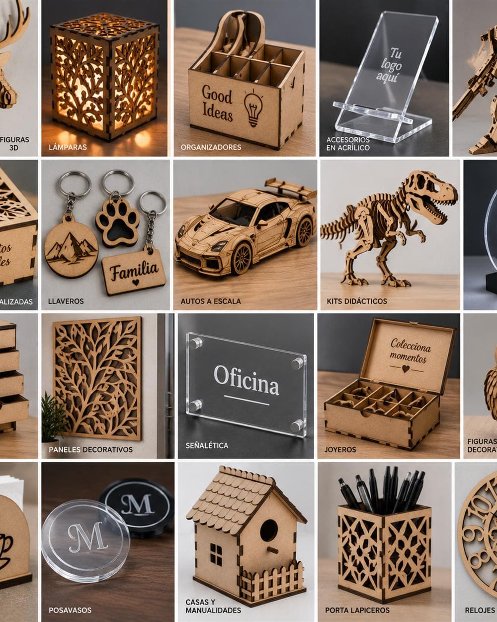 Catálogo de piezas de corte láser: figuras 3D, lámparas y organizadores
