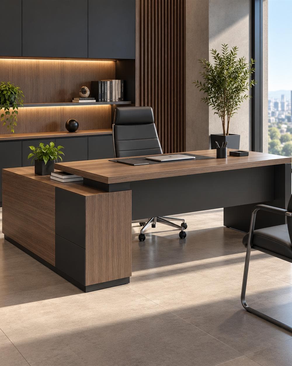 Render de escritorio ejecutivo en madera y metal