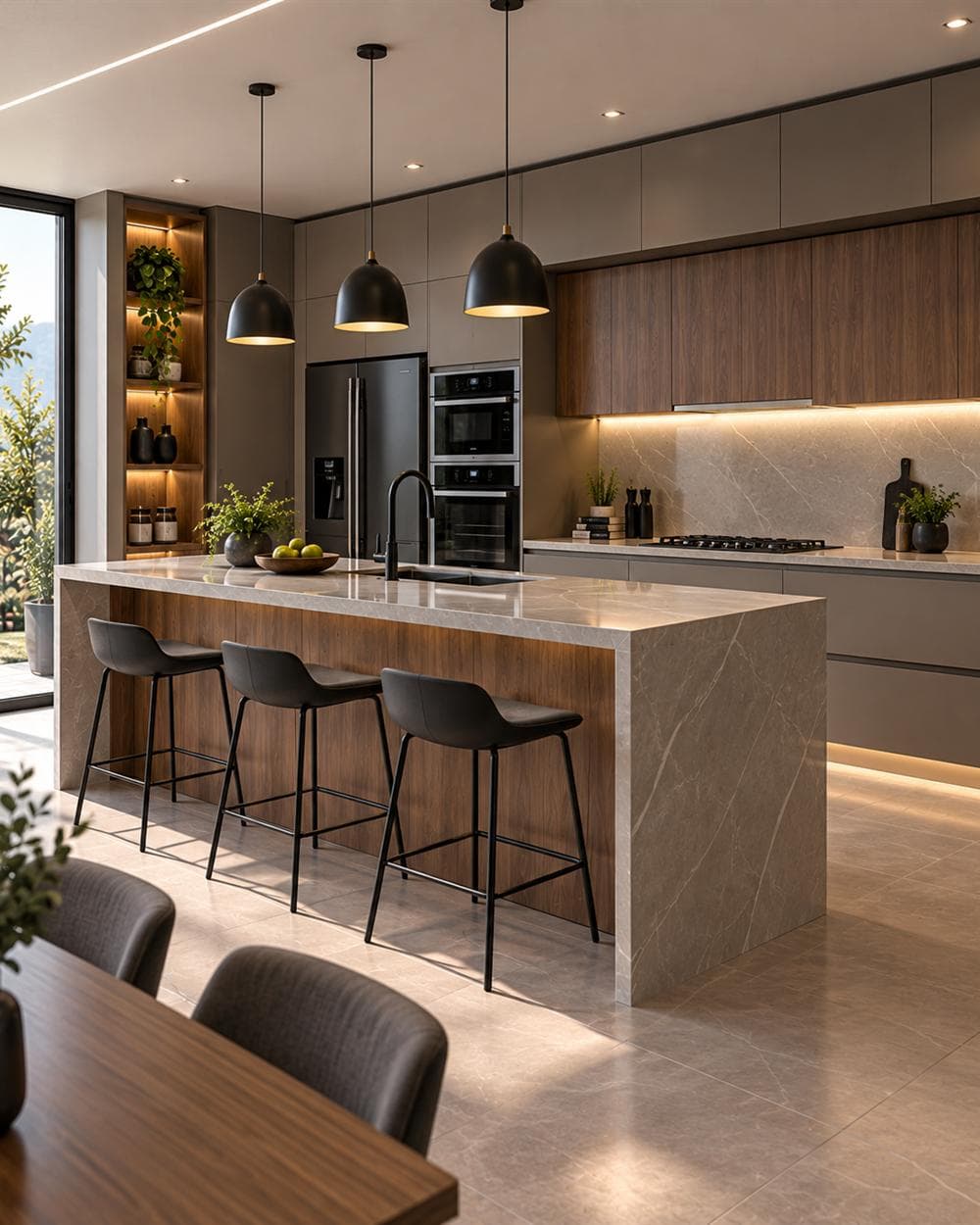Render de isla de cocina en madera y cuarzo