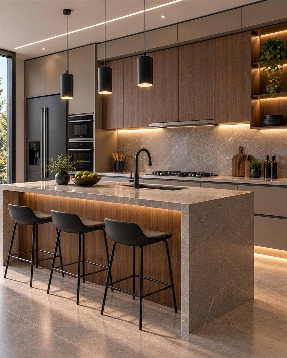 Render de cocina integral con isla